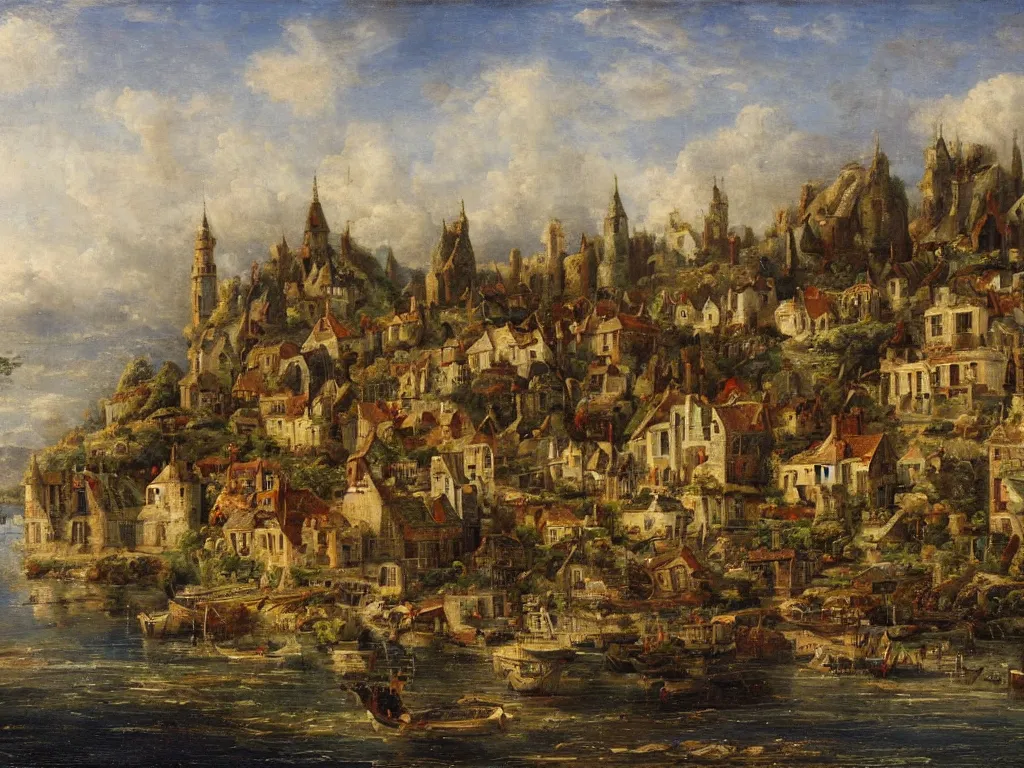Image similar to a small fantasy village, viewed from the harbor, by jean - baptist monge,