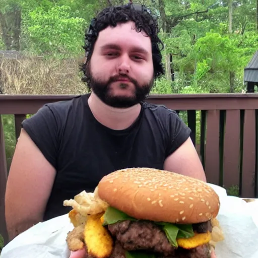 Image similar to heavy 2 0 year old, messy black hair, big beard, eating burgers, chicken nuggets, back porch table