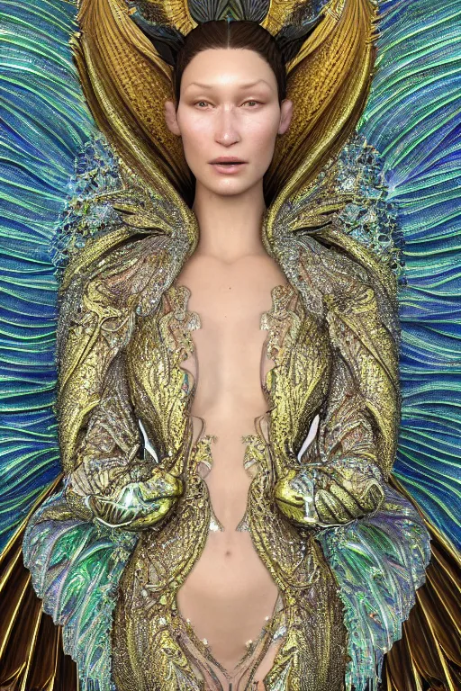 Image similar to a highly detailed metahuman 4 k close up render of an alien goddess bella hadid as sixwinged seraphim in iris van herpen dress schiaparelli in diamonds crystals swarovski and jewelry in style of alphonse mucha gustav klimt trending on artstation made in unreal engine 4