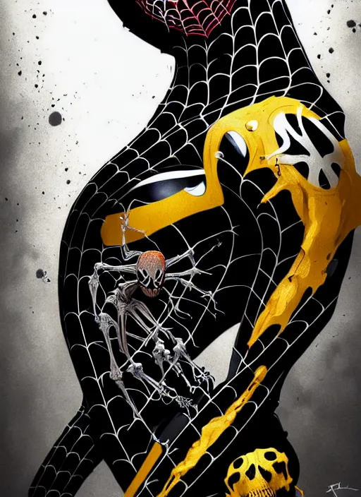 Image similar to highly detailed closeup portrait of a cyborg venom symbiote in spiderman suit with skeleton skull face, black hoodie by atey ghailan, by greg rutkowski, by greg tocchini, by james gilleard, by joe fenton, by kaethe butcher, gradient, yellow, black, brown and white color scheme, grunge aesthetic!!! white graffiti tag wall background