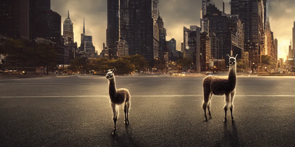 Image similar to a llama walking through a desolate manhattan city street at night, statue of liberty seen in the background, realistic 4 k octane beautifully detailed render, 4 k post - processing, highly detailed, detailed face, intricate complexity, epic composition, magical atmosphere, cinematic lighting, masterpiece, ultra hd