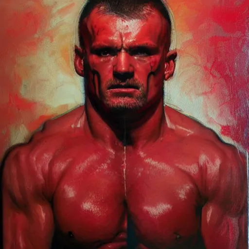 Prompt: Portrait of Mariusz Pudzianowski in the style of Disco Elysium, painting by Jenny Saville and Pavlo Guba, strong red hue