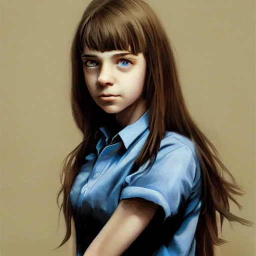 Image similar to portrait of a brunette thin teenager girl with blue eyes wearing school, uniform aims a gun, light stubble, digital art,photorealistoc,art by greg rutkowski,hyperdetailed,western comic style,comic,comic style,sharp lineart,professional lighting,deviantart,artstation,trevor henderson,rossdtaws,cinematic,dramatic