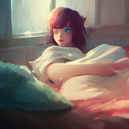 Image similar to a girl lies on the bed with a ragdoll, characterized by roman shipunov, etienne hebinger, atey ghailan, cgsociety, fantasy art, 2 d game art