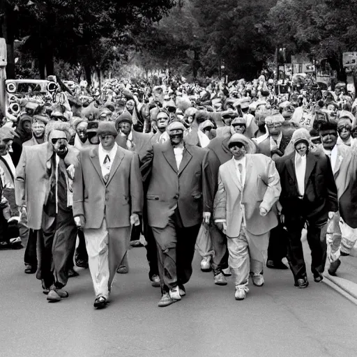 Image similar to A large group of chubby men in suits and neckties parading through the street holding canes, overcast day, 1990s.