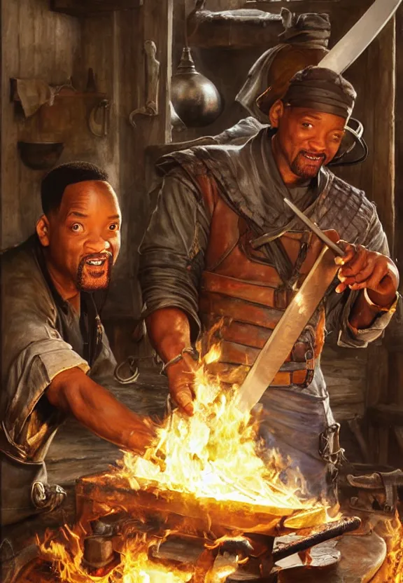 Image similar to hyper realistic will smith as a blacksmith making a sword painting by karl kopinski kim jung giu and weta studio, and lucasfilm and jesper ejsing and norman rockwell greg rutkowski frank frazzeta