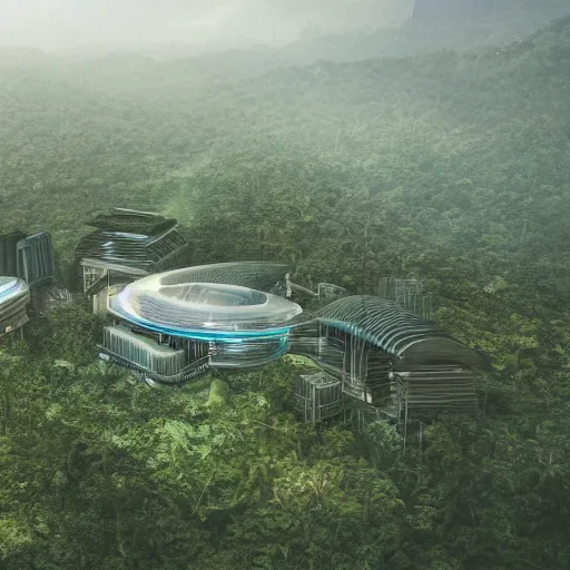 Prompt: an expansive view of a futuristic containment building in a rainforest valley with a futuristic city in the distance, tropical, national geographic, hyper realistic, 4 k, hazy light