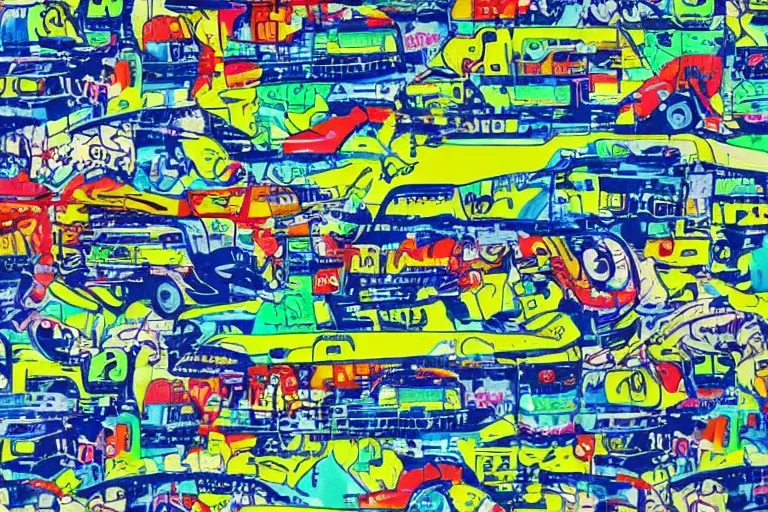 Image similar to acid blotter sheet with metro 7 0 0 0 series train on it