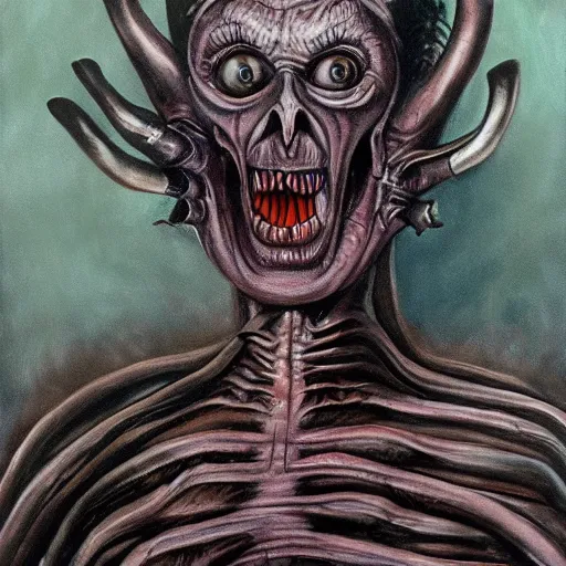 Image similar to painting of Tim Curry in the style of giger, 8k high definition high quality