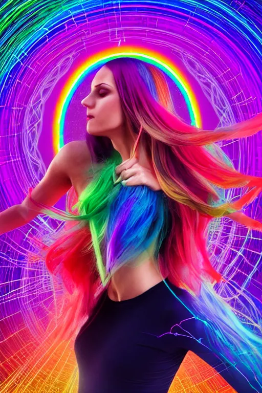 Image similar to a award winning half body portrait of a beautiful woman with stunning eyes in a croptop and leggings with rainbow colored ombre hairstyle head in motion and hair flying while dancing by thomas danthony, surrounded by whirling illuminated lines, outrun, vaporware, shaded flat illustration, digital art, trending on artstation, highly detailed, fine detail, intricate