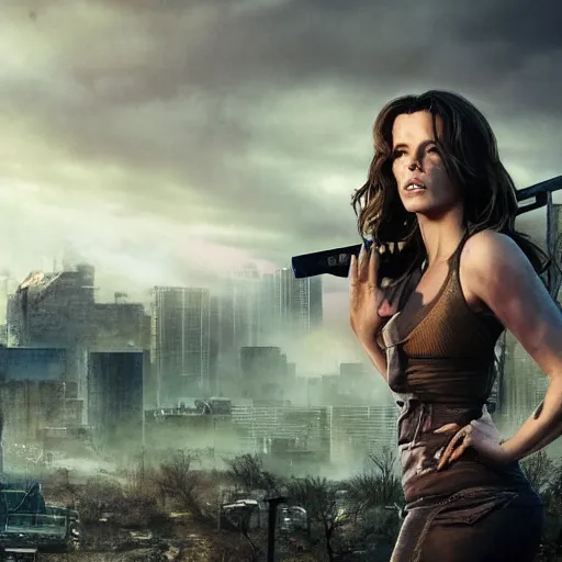 Prompt: fallout 5 : miami, charismatic beautiful rugged young kate beckinsale with a katana, portrait, outdoors ruined cityscape, atmospheric lighting, painted, intricate, volumetric lighting, beautiful, summer, sunny weather, few clouds, sharp focus, deep colours, ultra detailed, by leesha hannigan, ross tran, thierry doizon, kai carpenter, ignacio fernandez rios