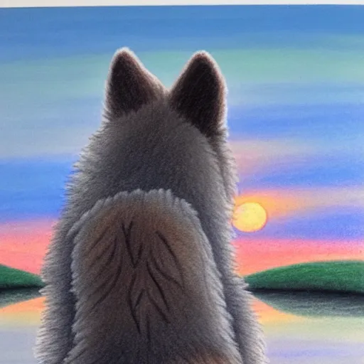 Image similar to rear view of fluffy baby grey wolf sitting on the shore of a pond looking out at the sunset, colored pencil on white background by eloise wilkin