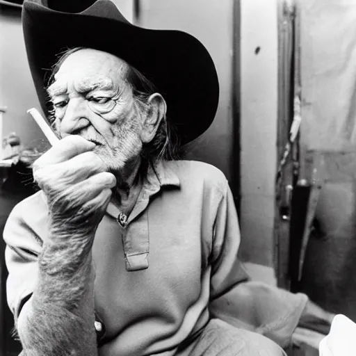 Prompt: willie nelson having a smoke backstage.