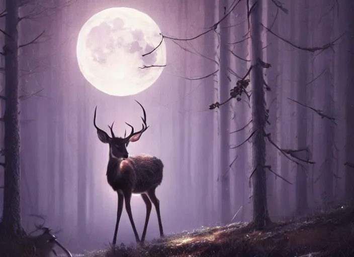 Image similar to deer with glowing antlers, moonlight, art by artgerm and greg rutkowski, cinematic shot, intricate, photorealistic, artstation, realistic, 1 0 0 mm, photography, octane, high definition, depth of field, bokeh, 8 k