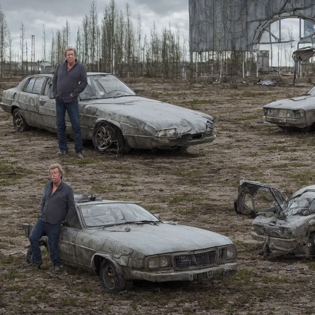 Image similar to top gear, jeremy clarkson, drifting in chernobyl zone, very detailed, 4 k, professional photography