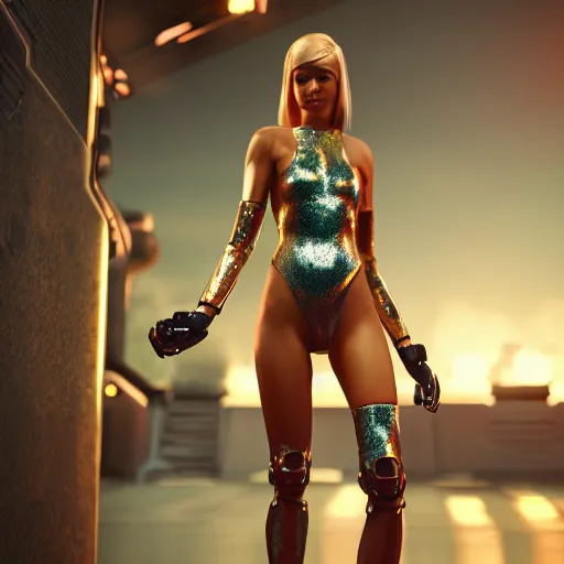 Image similar to arcade female fighter, wearing metallic swimsuit, cyborg, mechanical, fight scene, unreal engine, game character, digital art, octane render, photorealistic intricate detailed