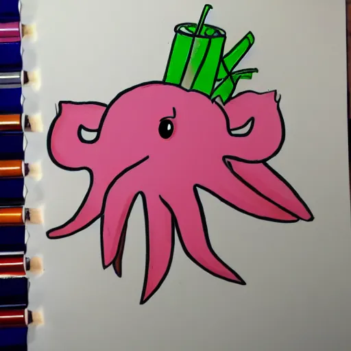 Image similar to super basic drawing of a pig - octopus, weeds, crayon on paper