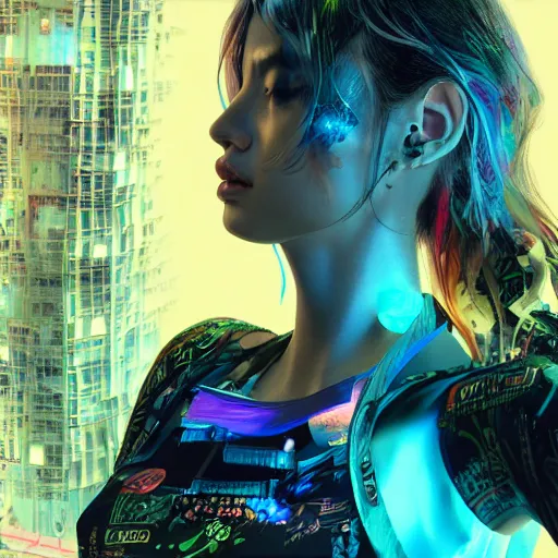 Image similar to the portrait of an absurdly beautiful cyberpunk gravure idol, an ultrafine hyperdetailed illustration by kim jung gi, irakli nadar, hanna moon, leslie zhang intricate linework, bright colors, collage, porcelain skin, unreal engine 5 highly rendered, cgsociety, global illumination, radiant light, detailed and intricate environment