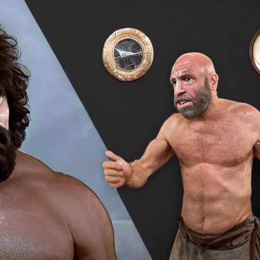 Prompt: photo of ancient caveman surprised to meet Joe rogan, ultra realistic, 4k UHD, pristine