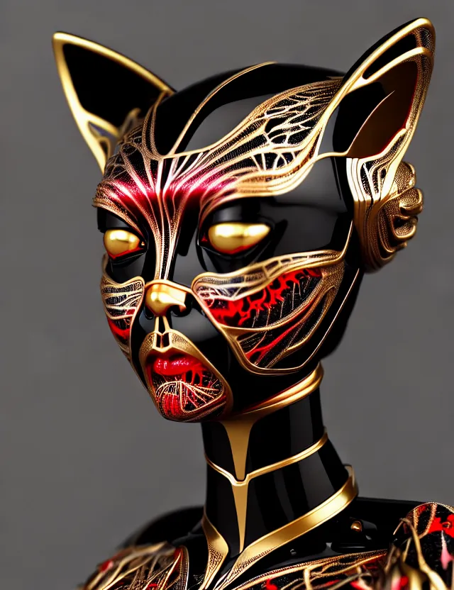 Prompt: complex 3 d render of a beautiful porcelain robot - cat woman face. red gold and black, fractal veins. dragon cyborg, 1 5 0 mm, beautiful natural soft light, rim light, gold fractal details, fine lace, mandelbot fractal, anatomical, glass, facial muscles, elegant, ultra detailed, metallic armor, octane render, depth of field