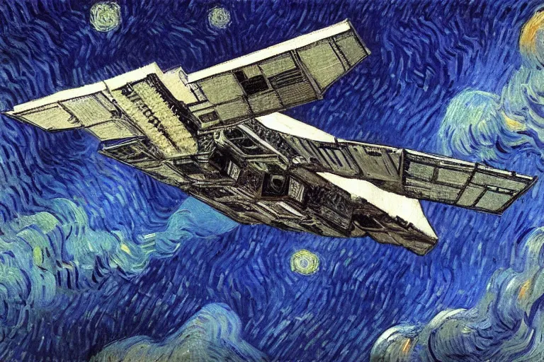 Image similar to detailed oil painting of an Imperial Shuttle spacecraft flying away from earth by Vincent van Gogh