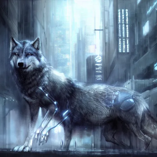 Image similar to grey wolf, painting by Raymond Swanland, cyberpunk, sci-fi cybernetic implants hq