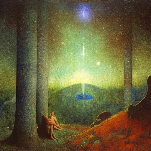 Image similar to psychedelic morning in the middle of the day lush pine forest, outer space, milky way, designed by arnold bocklin, jules bastien - lepage, tarsila do amaral, wayne barlowe and gustave baumann, cheval michael, trending on artstation, star, sharp focus, colorful refracted sparkles and lines, soft light, 8 k 4 k