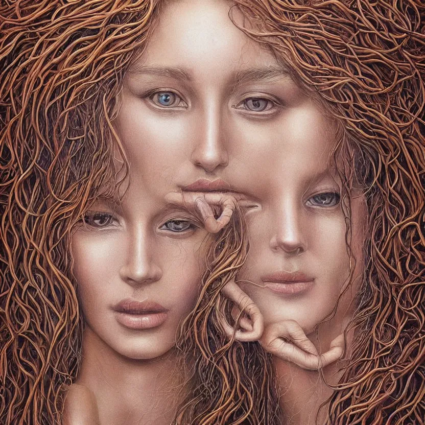 Image similar to perfectly centered portrait front view of a beautiful mushroom goddess, flowing hair, intense stare, sweet smile, symmetrical, concept art, intricate detail, volumetric shadows and lighting, realistic oil painting by alex grey,