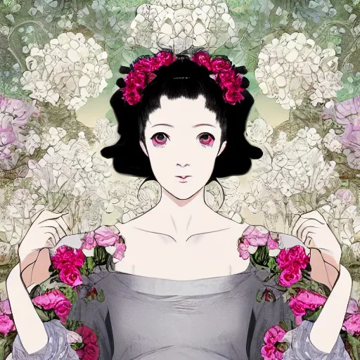 Image similar to renaissance, manga portrait of a young lady pink cheeks wearing renaissance harajuku dress pale grey and white flowers, background chaotic flowers