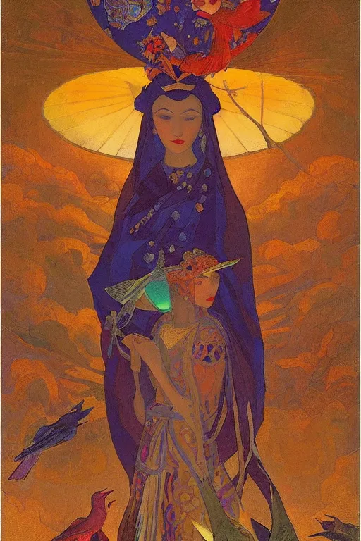 Image similar to queen of the dawn with her lantern and birds, by Nicholas Roerich and Annie Swynnerton, elaborate headdress and embroidered velvet, iridescent beetles, rich color, dramatic cinematic lighting, extremely detailed