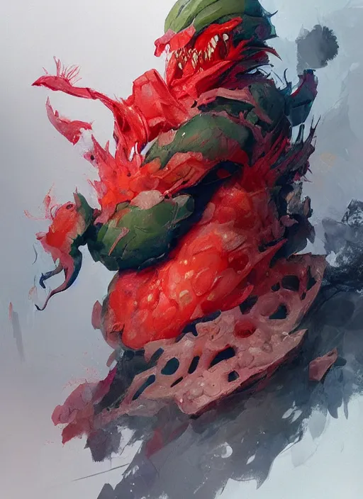 Image similar to semi reallistic gouache gesture painting, by yoshitaka amano, by ruan jia, by Conrad roset, by dofus online artists, detailed anime 3d render watermelon monster, watermelon terrible monster, antrophomorfic watermelon, portrait, cgsociety, artstation, rococo mechanical, Digital reality, sf5 ink style, dieselpunk atmosphere, gesture drawn