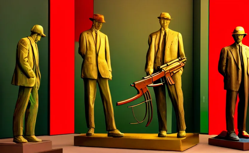 Image similar to by moebius, pedestal with exhibit ak 4 7 and men's in suit's around, soft light, red + green colours, golden facture, high quality details, perspective, denoise deep depth of field