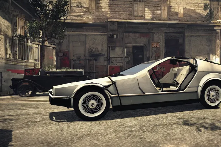 Image similar to photograph of a 1 9 2 2 delorean, by red dead redemption 2, by grand theft auto v