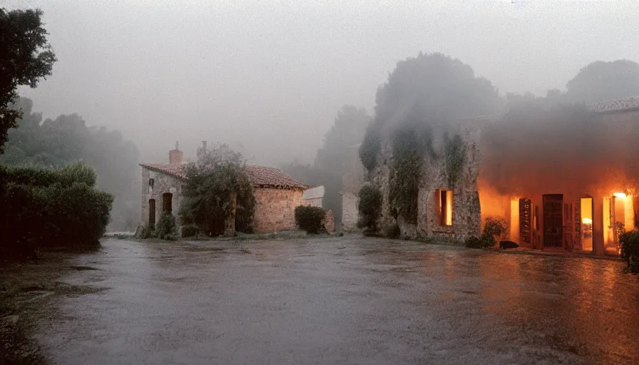 Prompt: 1 9 7 0 s movie still of a heavy burning french style stonehouse in a small southern french village by night rain fog, cinestill 8 0 0 t 3 5 mm, heavy grain, high quality, high detail, dramatic light, anamorphic, flares