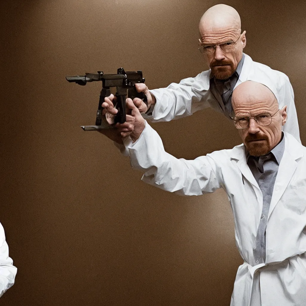 Image similar to walter white in a white suit, holding a pistol