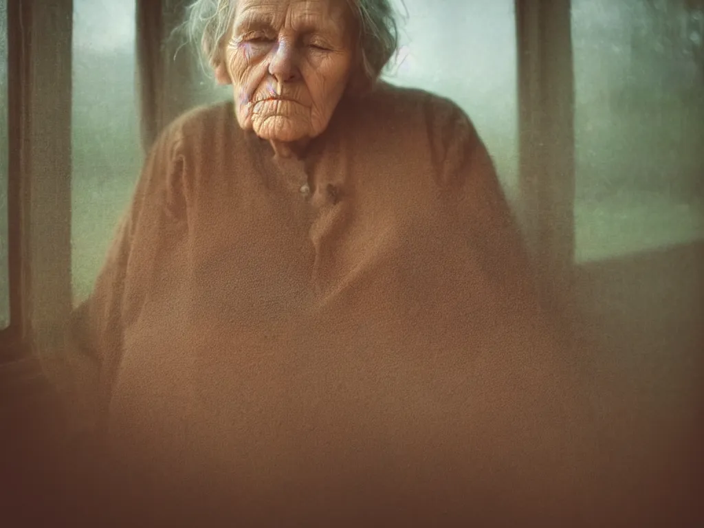 Prompt: close up portrait bust of old woman sitting on fence, looking outside, tired expression, faded color film, russian cinema, tarkovsky, technicolor, inside old cabin, next to window, heavy forest outside, long brown hair, old clothing, heavy fog, brown color palette, sunset, low light, hudson river school, 4 k, dramatic lighting