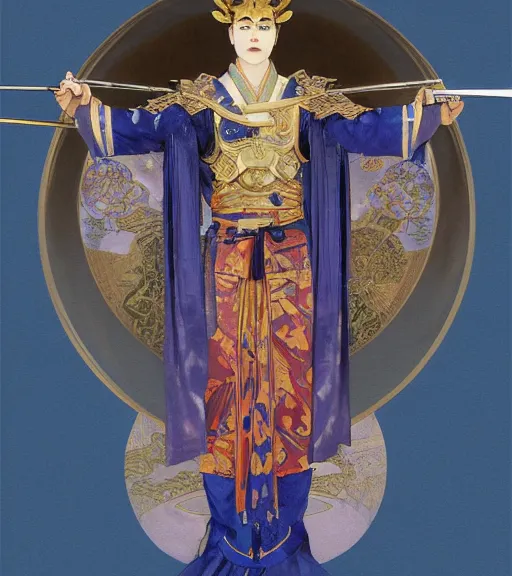 Image similar to JOJI as a celestial Japanese warrior wearing royal blue and gold armor, elegant suit, holding a mecha flaming katana, portrait art by alphonse mucha and greg rutkowski, highly detailed, digital painting, concept art, illustration, dim lighting with twilight rays of red Japanese empirical flag, trending on artstation, very detailed, smooth, sharp focus, octane render, close up