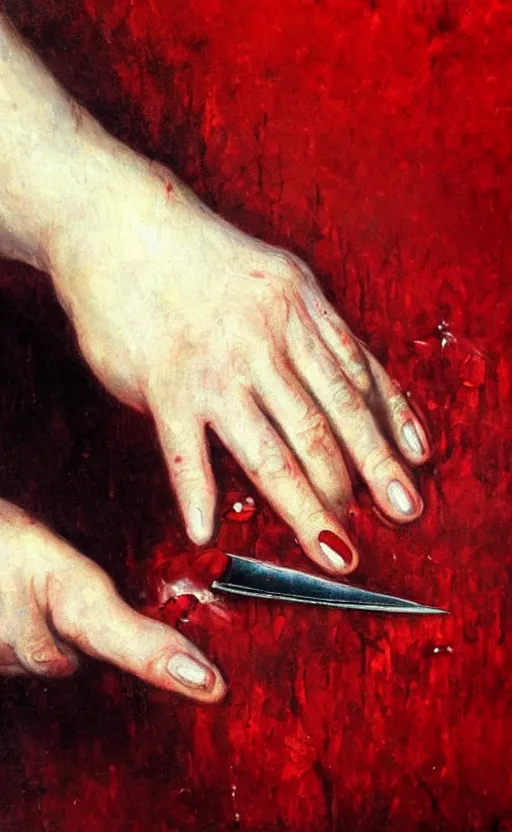 Image similar to by 1 9 th century famous painter, hands, nail polish, blood smear, blood dripping, knife, realism, realistic, oil painting, red wallpaper background