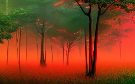 Prompt: a beautiful landscape of a foggy jungle, red and orange color scheme, hyperdetailed, vivid colors, photorealist, 4 k