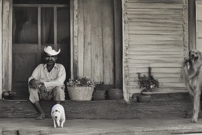 Image similar to Indian man on the country western porch with his golden retriever by Steven Spielberg