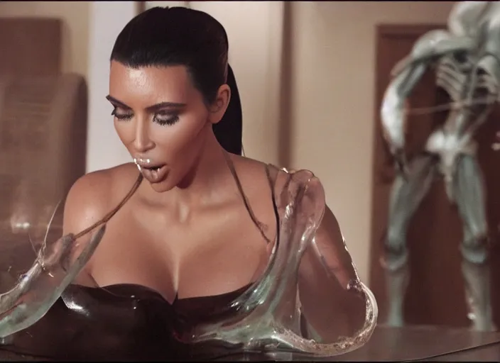 Image similar to film still of kim kardashian ingesting alien slime from the mouth of an xenomorph, transparent goo, transparent slime, saliva, 8 k