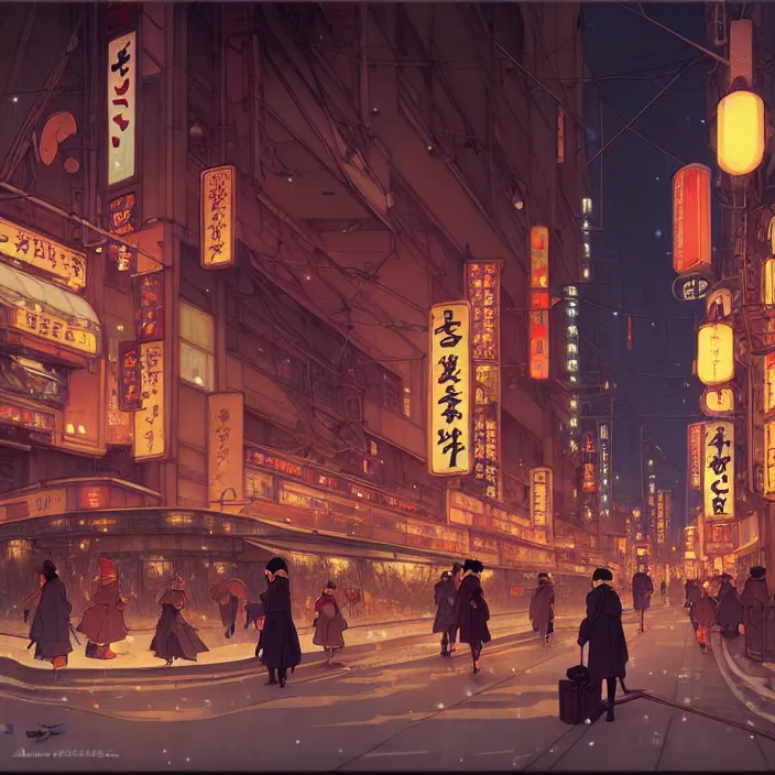 Image similar to empty tokyo at night, winter, in the style of studio ghibli, j. c. leyendecker, greg rutkowski, artem