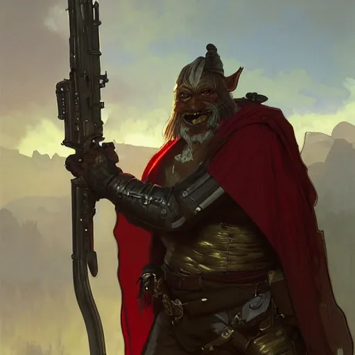 Image similar to Orc male readies his rifle, staring down the telescopic sights. His red and gold cape fluffers in the wind, and his renaissance era armor glistens in the sunshine by Greg rutkowski, Alphonse Mucha, Salvador Dali, digital art, trending on artstation