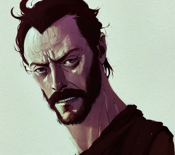 Image similar to portrait of portrait, toby stephens as a powerful evil king, by atey ghailan, by greg rutkowski, by greg tocchini, by james gilleard, by joe fenton, by kaethe butcher, by ashley wood, dynamic lighting, gradient light blue, brown, blonde cream and white color scheme, grunge aesthetic