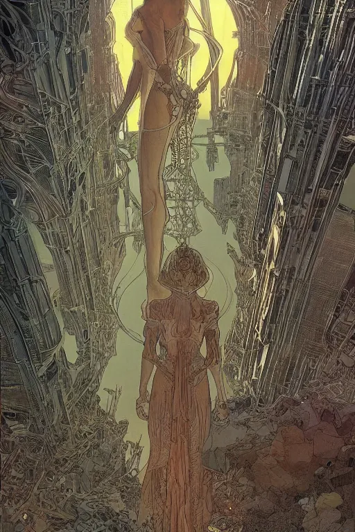 Image similar to comic book illustration, a very tall structure hovers 10 feet above the ground, scorched and cracked earth is below it and a young girl stands looking at it, cyberpunk concept art by Moebius and Alphonse Mucha, highly detailed, intricate, sci-fi, sharp focus, Trending on Artstation HQ, deviantart