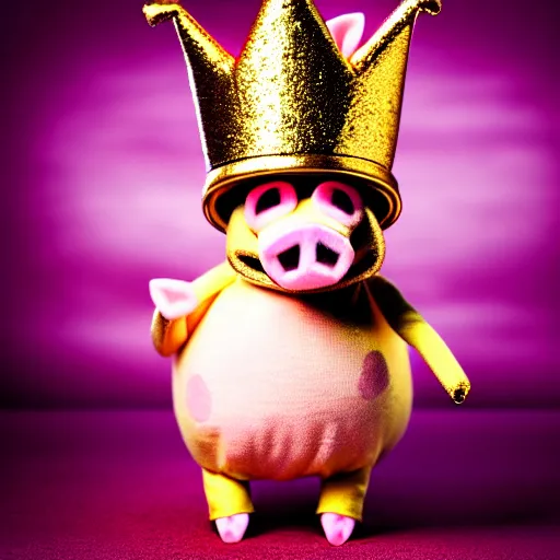 Image similar to !dream studio photograph of a pig wearing a gold crown depicted as a muppet running on fire