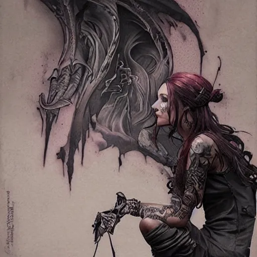 Image similar to female tattoo artist in gothic tattoo studio, greg rutkowski