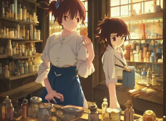 Image similar to anime visual, portrait of a young female traveler in a alchemist's shop interior, cute face by yoh yoshinari, katsura masakazu, studio lighting, dynamic pose, dynamic perspective, strong silhouette, anime cels, ilya kuvshinov, cel shaded, crisp and sharp, rounded eyes, moody, blue colors!!!!!!