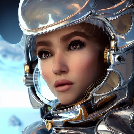 Image similar to closeup portrait of barbarella queen of the galaxy, silver space suit, intricate, unreal engine 5 rendered, octane rendered, art style by klimt and nixeu and ian sprigger and wlop and krenz cushart