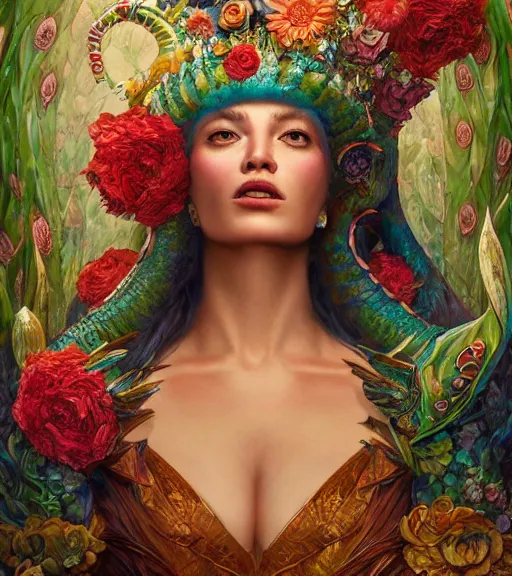 Image similar to portrait of quetzalcoatl, surrounded by flowers by karol bak, moebius, tom bagshaw, rococo, trending on artstation, cinematic lighting, hyper realism, octane render, 8 k, hyper detailed, ink by dave gibbons